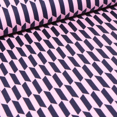 Tissu Coton imprimé Rectangles bleu marine sur fond Rose
