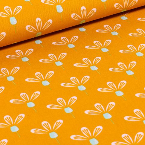 Tissu Coton imprimé Fleurs blanches tiges bleus sur fond Jaune