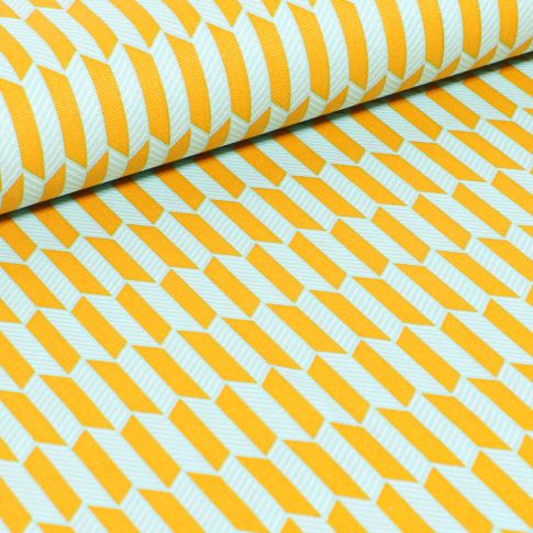Tissu Coton imprimé Rectangle jaunes sur fond Vert menthe