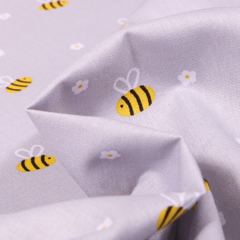 Tissu Coton imprimé Abeille et petites fleurs sur fond Gris