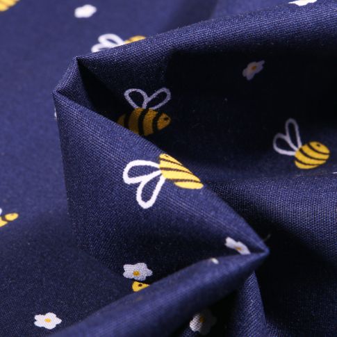 Tissu Coton imprimé Abeille et petites fleurs sur fond Bleu marine