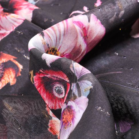 Tissu Mousseline Coquelicots sur fond Noir