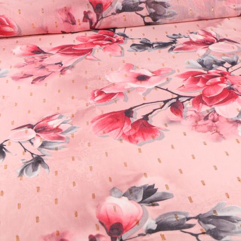 Tissu Mousseline Rosie sur fond Rose