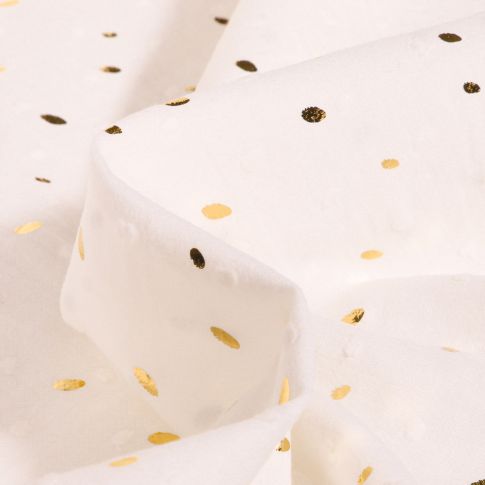 Tissu Plumetis léger Pois dorés métallisés sur fond Blanc