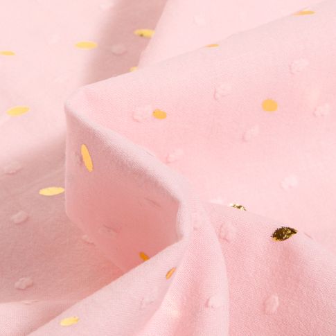 Tissu Plumetis léger Pois dorés métallisés sur fond Rose