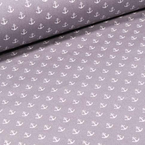 Tissu Coton enduit Ancres blanches sur fond Gris clair