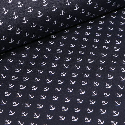 Tissu Coton enduit Ancres blanches sur fond Bleu marine
