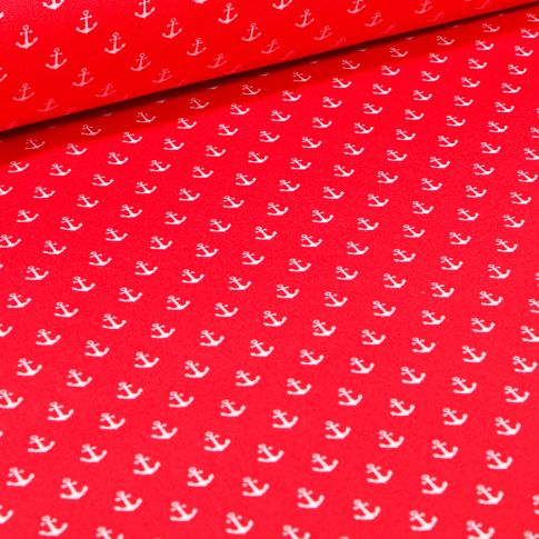 Tissu Coton enduit Ancres blanches sur fond Rouge
