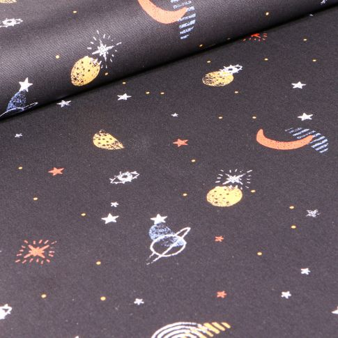Tissu Coton imprimé Bio Astro sur fond Noir