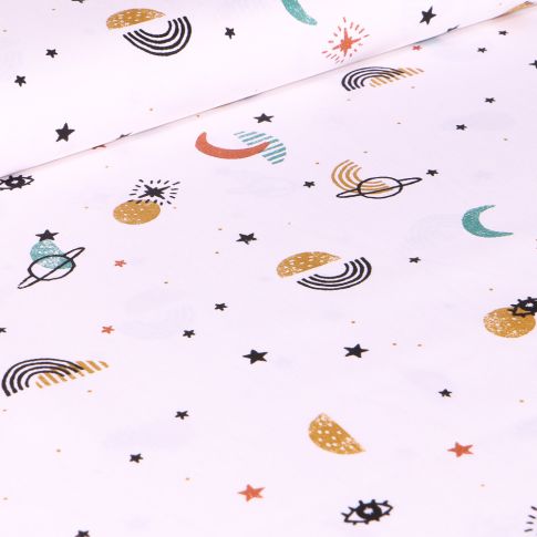 Tissu Coton imprimé Bio Astro sur fond Blanc