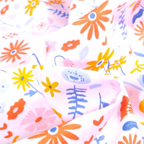 Tissu Coton imprimé Bio Fleurs des champs sur fond Blanc