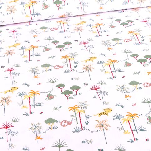 Tissu Coton imprimé Bio Palmeraies et singes sur fond Blanc