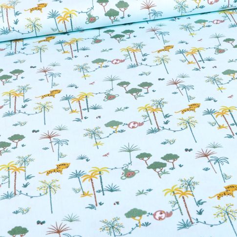 Tissu Coton imprimé Bio Palmeraies et singes sur fond Bleu