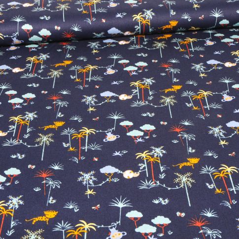 Tissu Coton imprimé Bio Palmeraies et singes sur fond Bleu marine