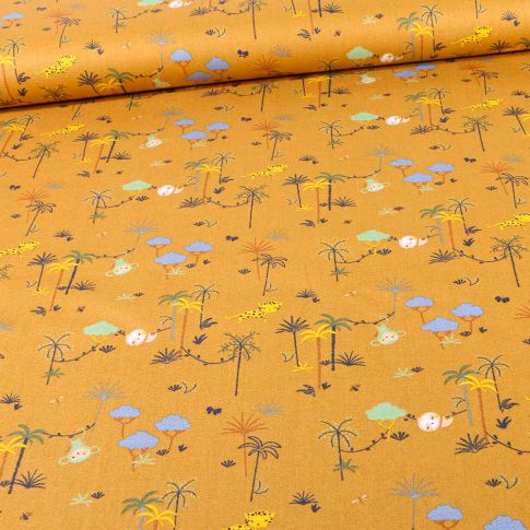 Tissu Coton imprimé Bio Palmeraies et singes sur fond Ocre