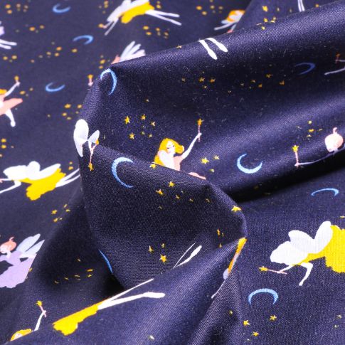 Tissu Coton imprimé Bio Danseuse féerique sur fond Bleu nuit