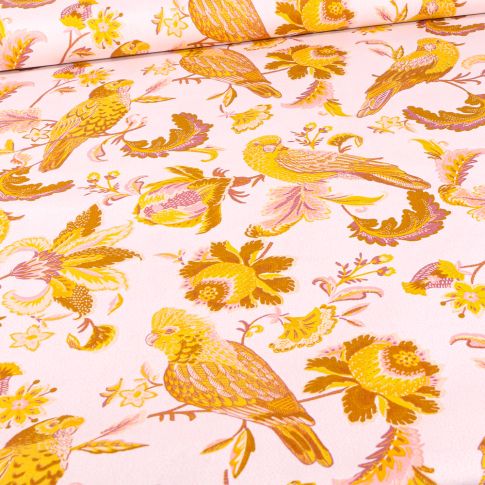 Tissu Coton imprimé Bio Perruches sur fond Blanc cassé