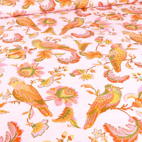 Tissu Coton imprimé Bio Perruches sur fond Blanc