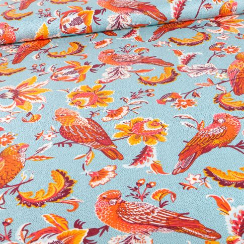Tissu Coton imprimé Bio Perruches sur fond Bleu