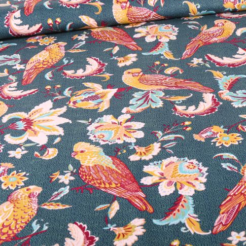 Tissu Coton imprimé Bio Perruches sur fond Bleu pétrole