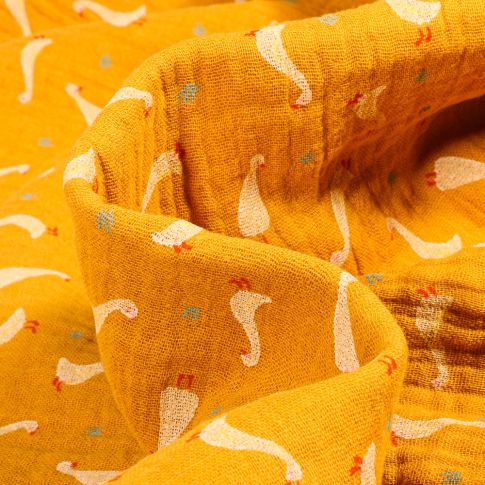 Tissu Double gaze Bio Oies sur fond Jaune