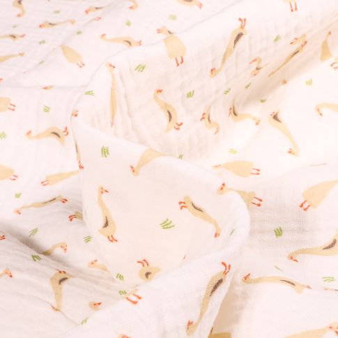 Tissu Double gaze Bio Oies sur fond Blanc