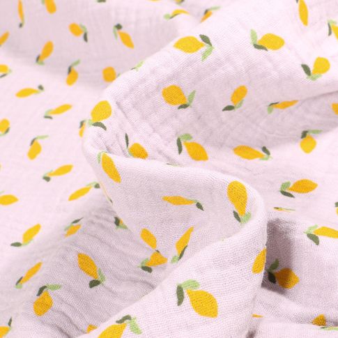 Tissu Double gaze Bio Citrons sur fond Blanc