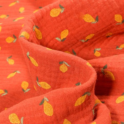 Tissu Double gaze Bio Citrons sur fond Brique