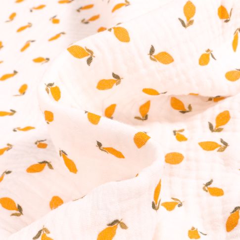 Tissu Double gaze Bio Citrons sur fond Blanc cassé