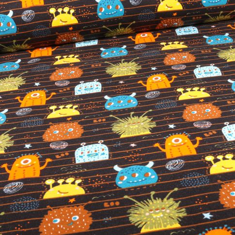 Tissu Jersey Coton Bio Monstres rigolos sur fond Noir