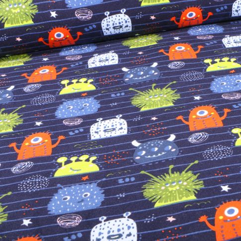 Tissu Jersey Coton Bio Monstres rigolos sur fond Bleu
