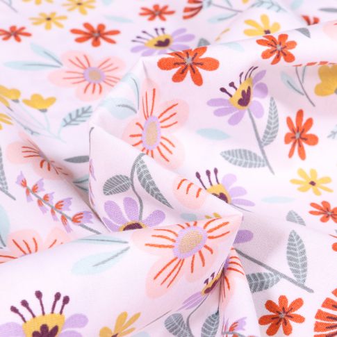 Tissu Coton imprimé Fleurs des champs sur fond Blanc