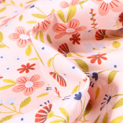 Tissu Coton imprimé Fleurs des champs sur fond Rose pâle