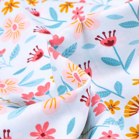Tissu Coton imprimé Fleurs des champs sur fond Bleu ciel