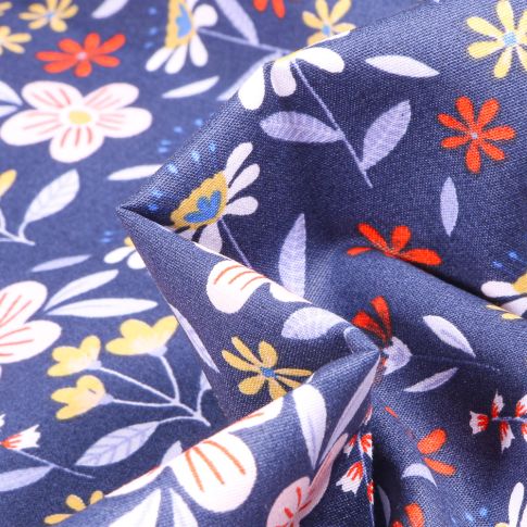 Tissu Coton imprimé Fleurs des champs sur fond Bleu marine