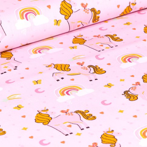 Tissu Coton imprimé Poney Licornes sur fond Rose