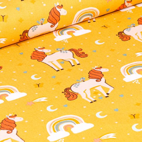 Tissu Coton imprimé Poney Licornes sur fond Jaune