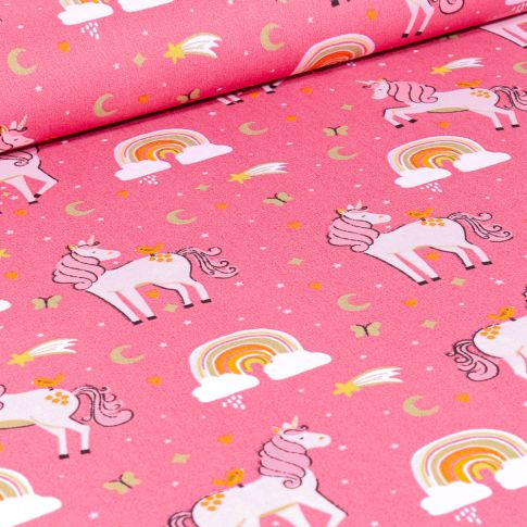 Tissu Coton imprimé Poney Licornes sur fond Rose bonbon