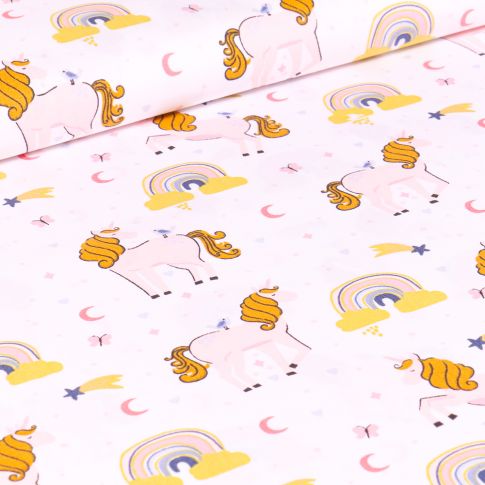 Tissu Coton imprimé Poney Licornes sur fond Blanc