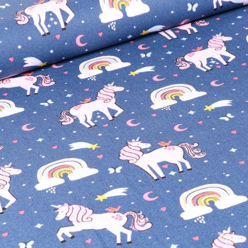 Tissu Coton imprimé Poney Licornes sur fond Bleu