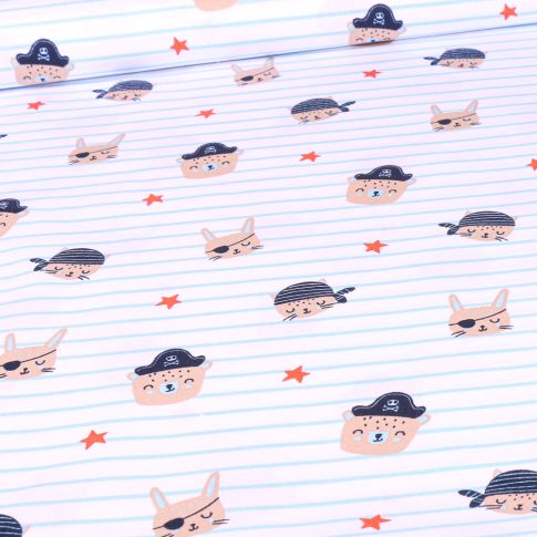 Tissu Coton imprimé Little pirate rayures sur fond Blanc
