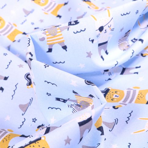 Tissu Coton imprimé Little pirate sur fond Bleu ciel