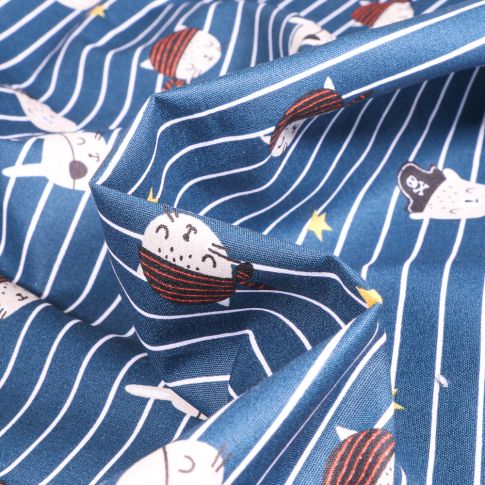 Tissu Coton imprimé Little pirate rayures sur fond Bleu nuit