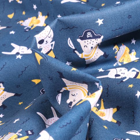 Tissu Coton imprimé Little pirate sur fond Bleu nuit