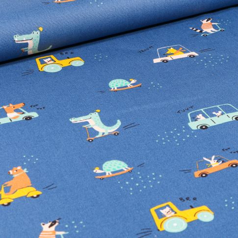 Tissu Coton imprimé Animaux skate et trottinette sur fond Bleu