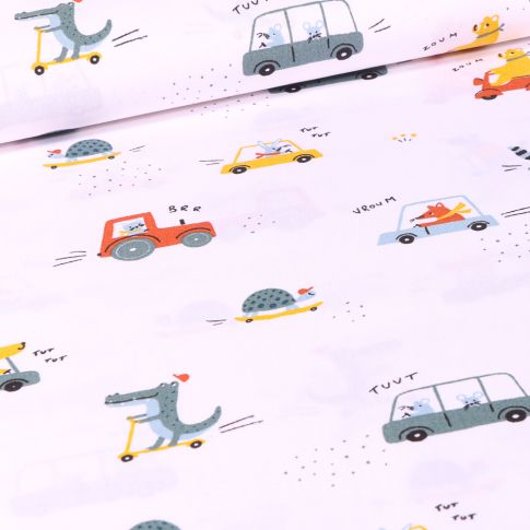 Tissu Coton imprimé Animaux skate et trottinette sur fond Blanc
