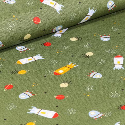 Tissu Coton imprimé LittleBird Voyage spatial sur fond Vert kaki