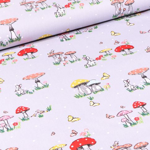 Tissu Coton imprimé Lapins et champignons sur fond Gris