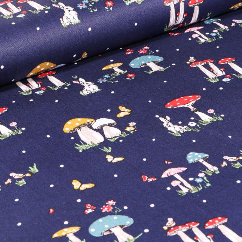 Tissu Coton imprimé Lapins et champignons sur fond Bleu nuit