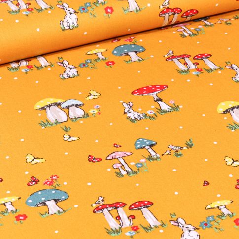 Tissu Coton imprimé Lapins et champignons sur fond Jaune